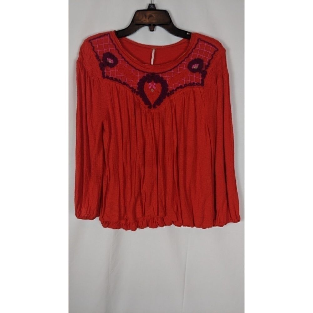 Free People Orange Blouse With Pink Embroidery Wom
